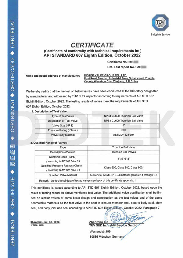 API Standard 607 Eighth Edition Certificate Of NPS4 CL600 F304 Trunnion Ball Valve